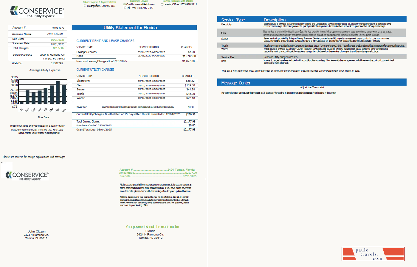 USA Conservice utility bill template in Word and PDF formats, 2 pages, version 2